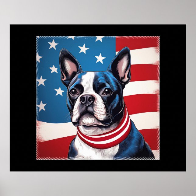 Patriotic Boston Terrier mit amerikanischer Flagge Poster (Vorne)