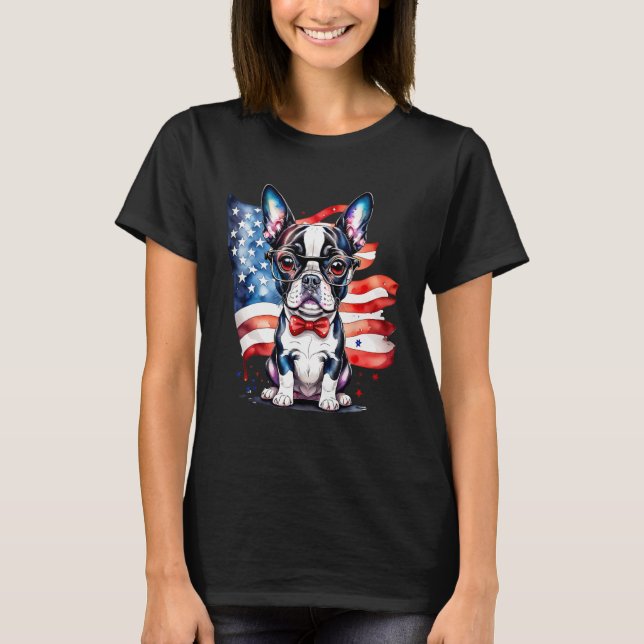 Patriotic Boston Terrier Puppy American Flag USA 2 T-Shirt (Vorderseite)