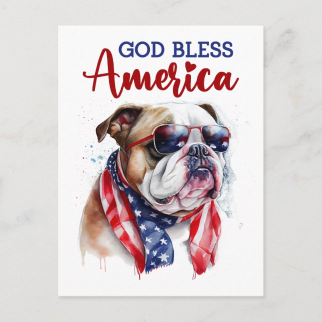 Patriotic Bulldog, Gott segne Amerika Postkarte (Vorderseite)
