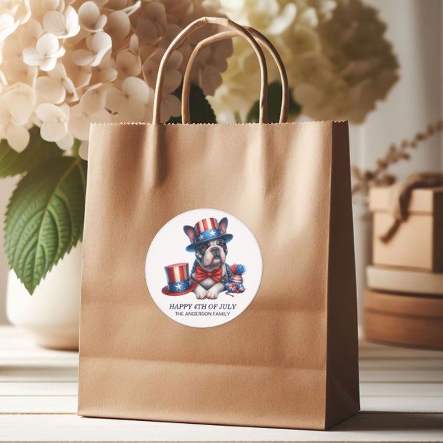 Patriotic Bulldog Top Hat Red White Blue 4. Juli Runder Aufkleber (Patriotic Boxer/dog gift bag sticker)