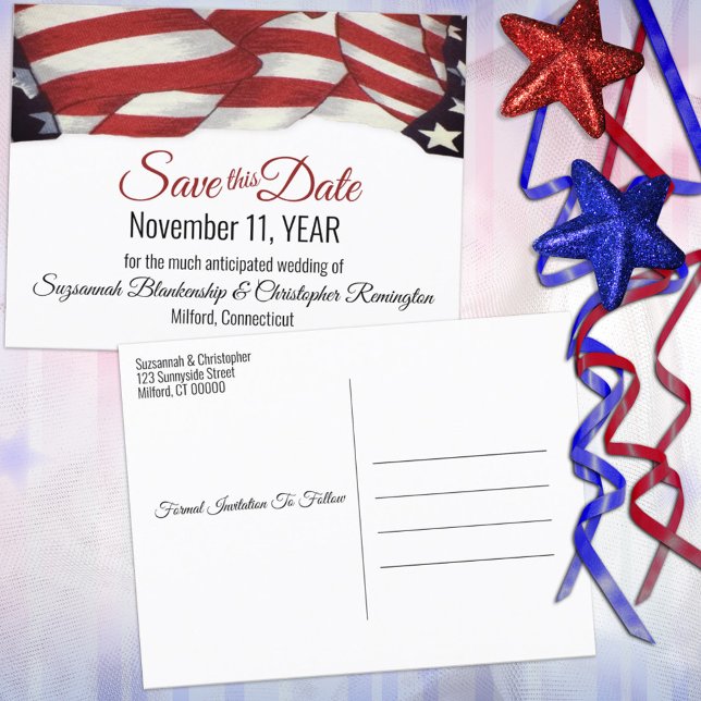 Patriotic Bunting Custom Save the Date Ankündigungspostkarte (Von Creator hochgeladen)