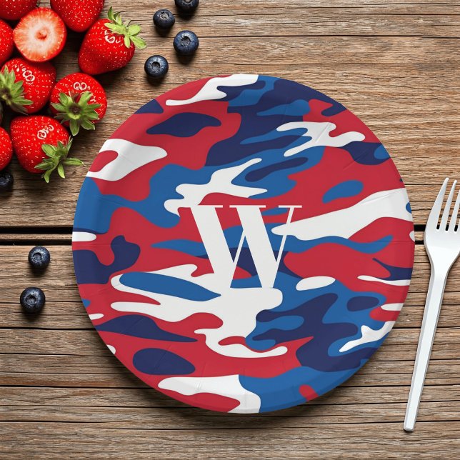 Patriotic Camouflage Monogram Red White Blue Camou Pappteller (For 4th of July and BBQs, just add your initial and fill with food)