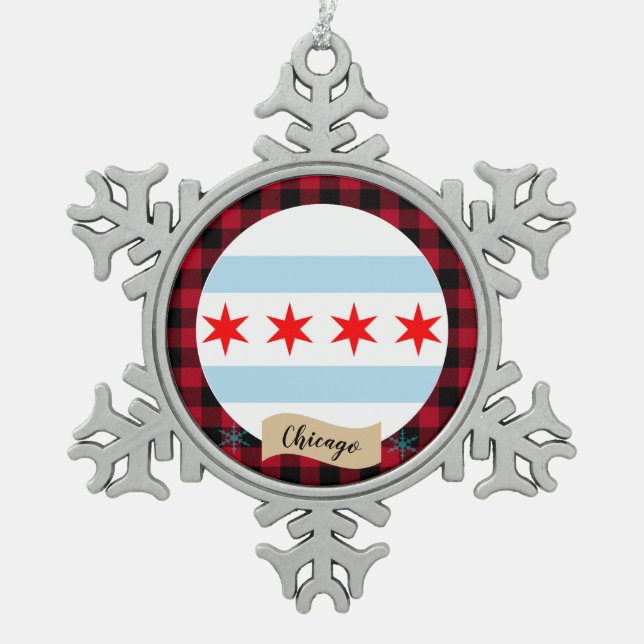 Patriotic Chicago, Büffel kariert, Chicago Flag Schneeflocken Zinn-Ornament (Vorderseite)