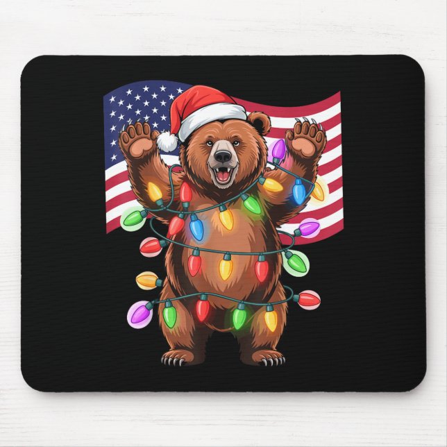 Patriotic Christmas Grizzly Bear Holiday Light San Mousepad (Vorne)