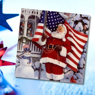 Patriotic Christmas Santa Holding American Flag Feiertagskarte