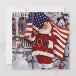 Patriotic Christmas Santa Holding American Flag Feiertagskarte<br><div class="desc">Patriotische Weihnachtsfeier mit amerikanischer Fahne-Urlaubskarte.</div>