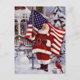 Patriotic Christmas Santa Holding American Flag Feiertagspostkarte