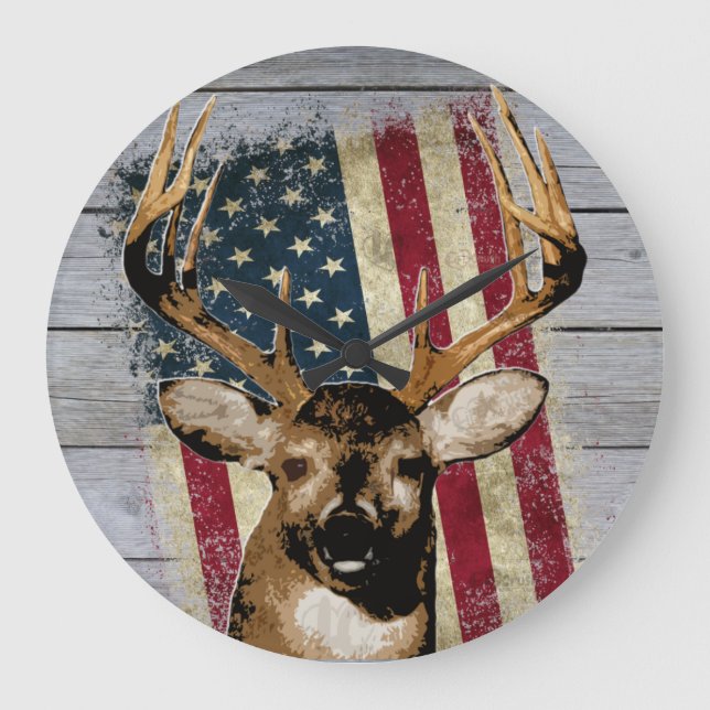 Patriotic Deer Junting Décor Große Wanduhr (Vorderseite)