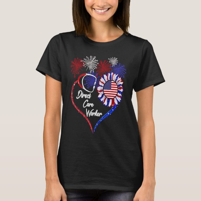 Patriotic Direct Care Worker American Flag Sunflow T-Shirt (Vorderseite)