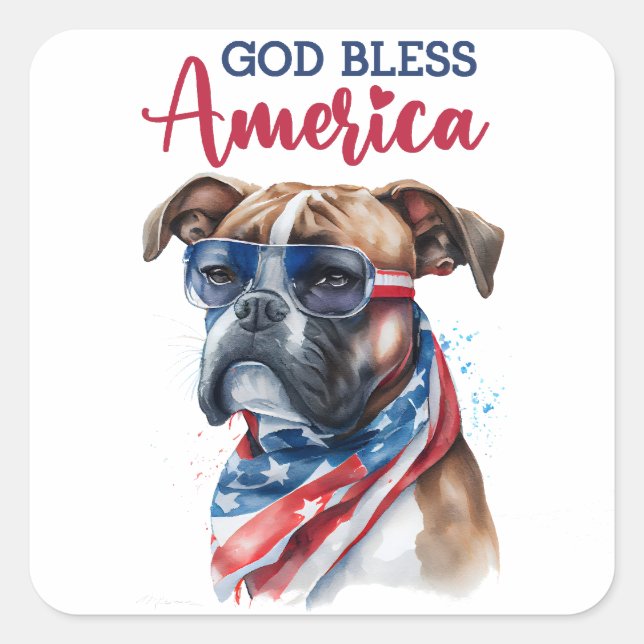 Patriotic Dog-Boxer Quadratischer Aufkleber (Vorderseite)