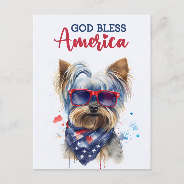 Patriotic Dog-Yorkie, Gott segne Amerika Postkarte (Vorderseite)
