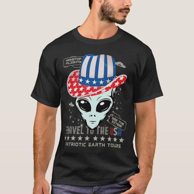 Patriotic Earth Tours UFO Alien am 4. Juli T-Shirt (Vorderseite)