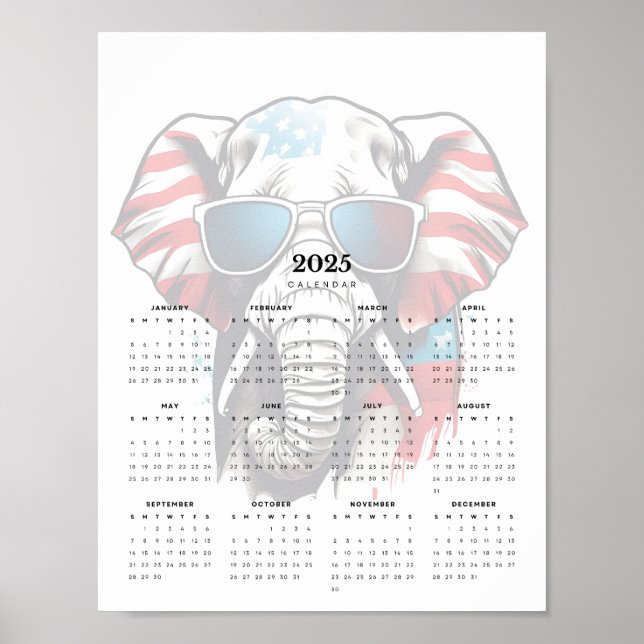 Patriotic Elephant Red White Blue 2025 Kalender Poster (Vorne)