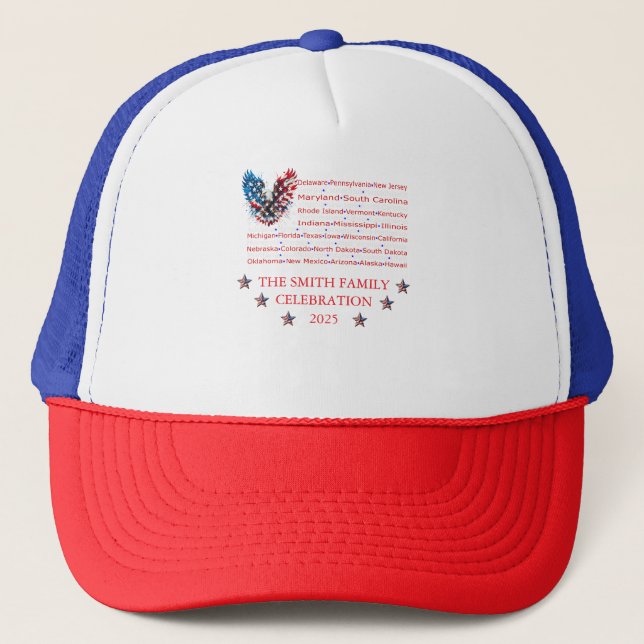 Patriotic Family Hat – Custom Eagle & State Names Truckerkappe (Vorderseite)
