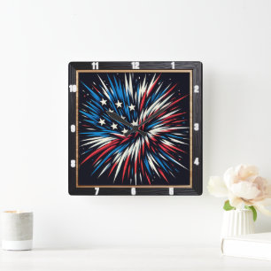 Patriotic Fireworks Red White Blue Quadratische Wanduhr