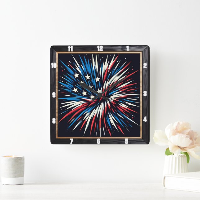 Patriotic Fireworks Red White Blue Quadratische Wanduhr (Zuhause)