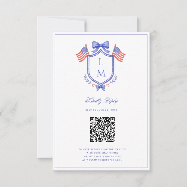 Patriotic Flag Crest | Monogram Wedding | QR RSVP Karte (Vorderseite)