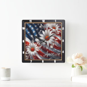 Patriotic Flag Daisies Decorative Quadratische Wanduhr