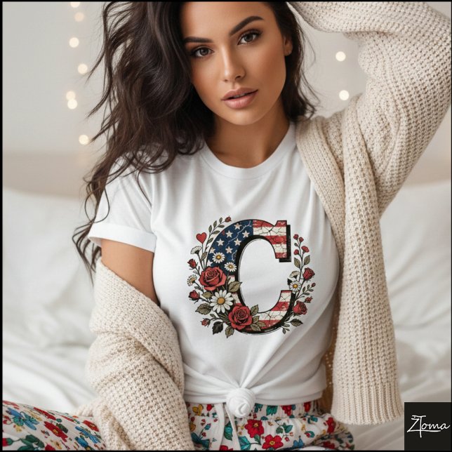 Patriotic Floral Letter C Wreath Design T-Shirt (Sample design. Several style are available to choose from, with the option to add a name & color.)