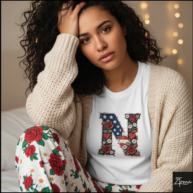 Patriotic Floral Letter N Wreath Design T-Shirt (Sample design. Several style are available to choose from, with the option to add a name & color.
)