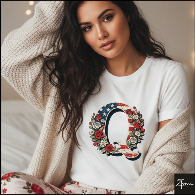 Patriotic Floral Letter Q Wreath Design T-Shirt (Sample design. Several style are available to choose from, with the option to add a name & color.
)