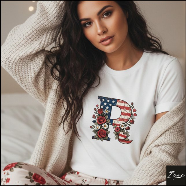 Patriotic Floral Letter R Wreath Design T-Shirt (Sample design. Several style are available to choose from, with the option to add a name & color.)