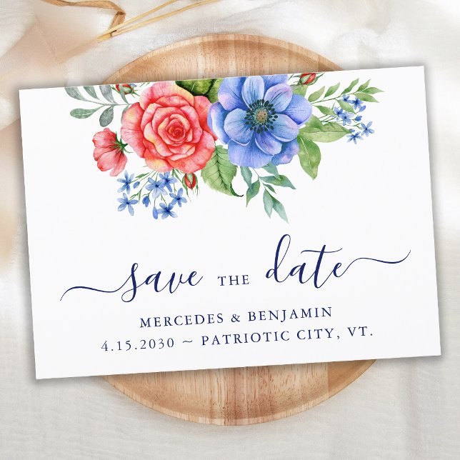 Patriotic Floral Red Blue 4. Juli Hochzeit Save The Date (Von Creator hochgeladen)