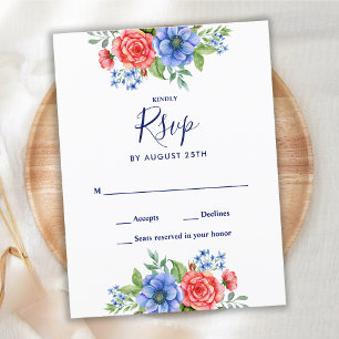 Patriotic Floral Red Blue Wedding RSVP Einladungspostkarte