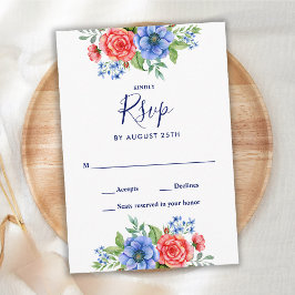 Patriotic Floral Red White Blue 4. Juli Hochzeit RSVP Karte