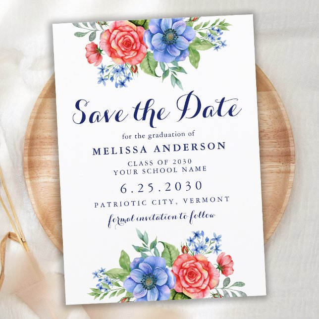 Patriotic Floral Red White Blue Party Abschluss Save The Date (Von Creator hochgeladen)