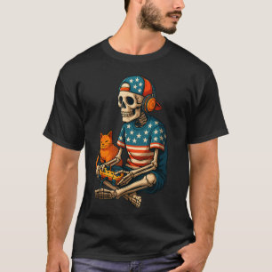 Patriotic Gamer Skeleton Gaming Video Games Cat Bo T-Shirt