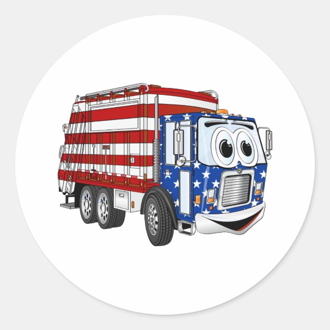 Patriotic Garbage Truck Cartoon Runder Aufkleber (Vorderseite)