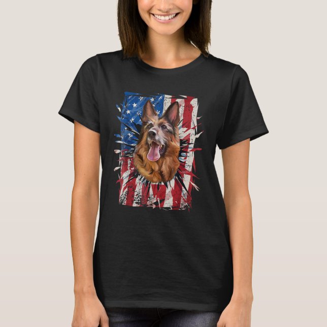 Patriotic German Shepherd Torn American Flag 4th O T-Shirt (Vorderseite)