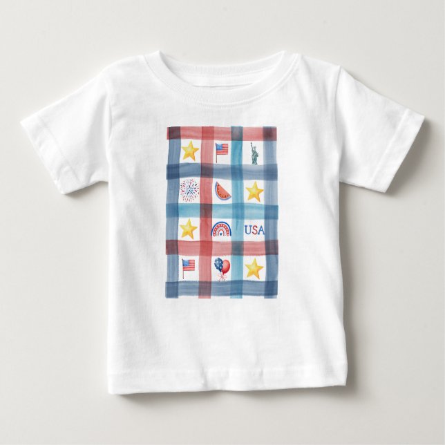 Patriotic Gingham America 4. Juli Sommer Baby T-shirt (Vorderseite)