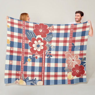 Patriotic Gingham mit floralen Akzenten | Rot-Weiß Fleecedecke