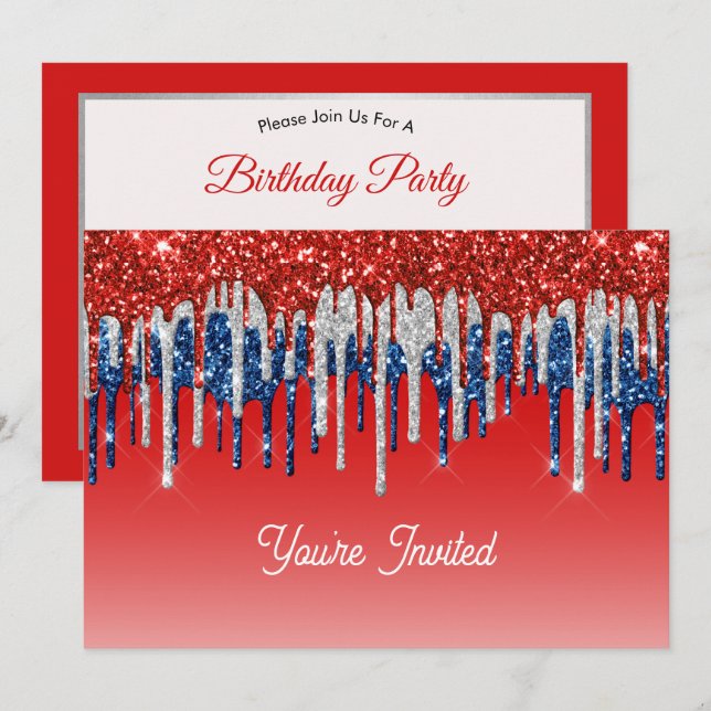 Patriotic Glitter Drip Americana Birthday Einladung (Vorne/Hinten)