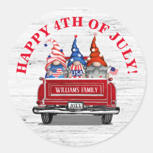 Patriotic Gnome Vintag Red Truck 4. Juli Runder Aufkleber