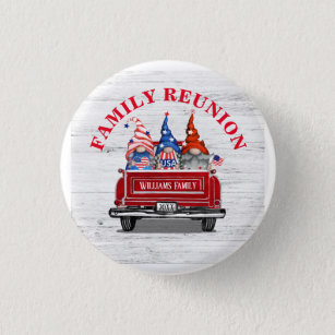 Patriotic Gnome Vintag Red Truck Family Wiedersehe Button