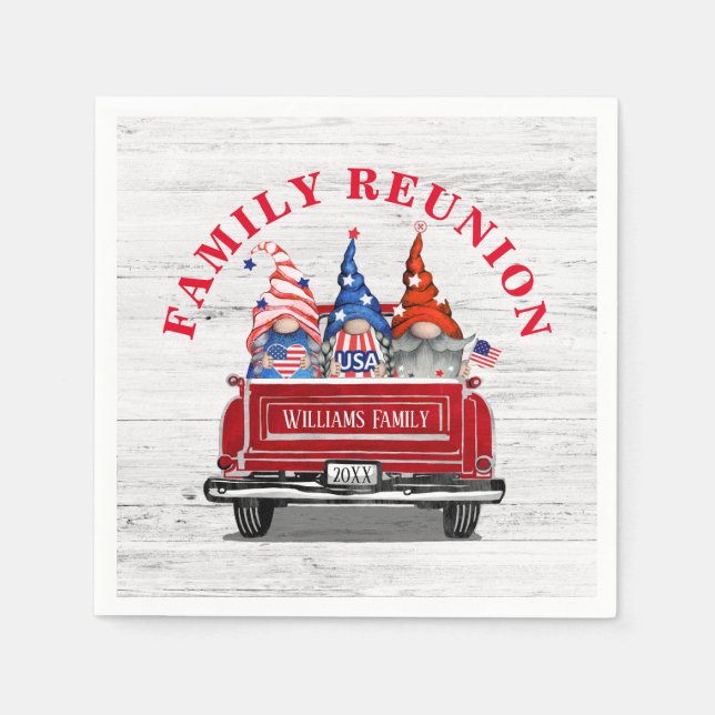 Patriotic Gnome Vintag Red Truck Family Wiedersehe Serviette (Vorderseite)