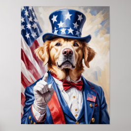 Patriotic Golden Retriever in Uncle Sam Pose Poster