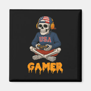 Patriotic Halloween Skeleton Gamer Funny Skeleton Magnet