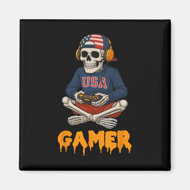 Patriotic Halloween Skeleton Gamer Funny Skeleton Magnet (Vorne)