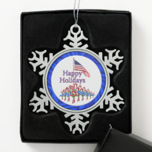 Patriotic Happy Holidays Candy Canes Schneeflocken Zinn-Ornament