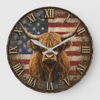 Patriotic Highland Cow American Flag Rustic Große Wanduhr