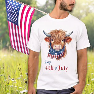 Patriotic Highland Cow USA Flag Happy 4. Juli T-Shirt