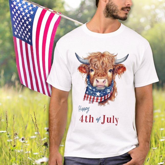 Patriotic Highland Cow USA Flag Happy 4. Juli T-Shirt (Von Creator hochgeladen)