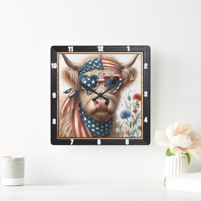 Patriotic Highland Cow USA Flag Quadratische Wanduhr (Zuhause)