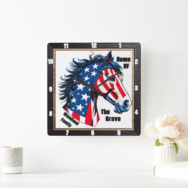 Patriotic Horse American Flag Family Quadratische Wanduhr (Zuhause)