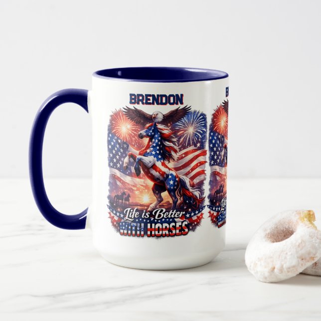 Patriotic Horse American Flag Sunset Equestrian  Tasse (Mit Donut)