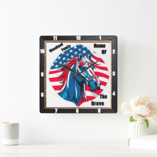 Patriotic Horse Family American Flag Quadratische Wanduhr